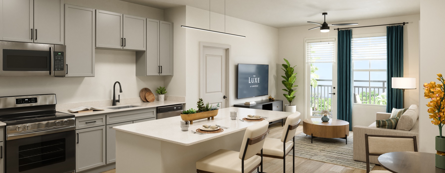 Model kitchen at The Luxe at Lewisville 55 and over apartment community, featuring a kitchen island with counter seating.